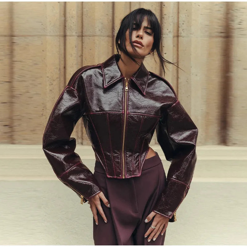 Fashion Lapel Leather Jacket Women's Full Sleeve Slim Solid Zippers Coat 2026 Spring New Lady Edgy Casual High Street Outerwear