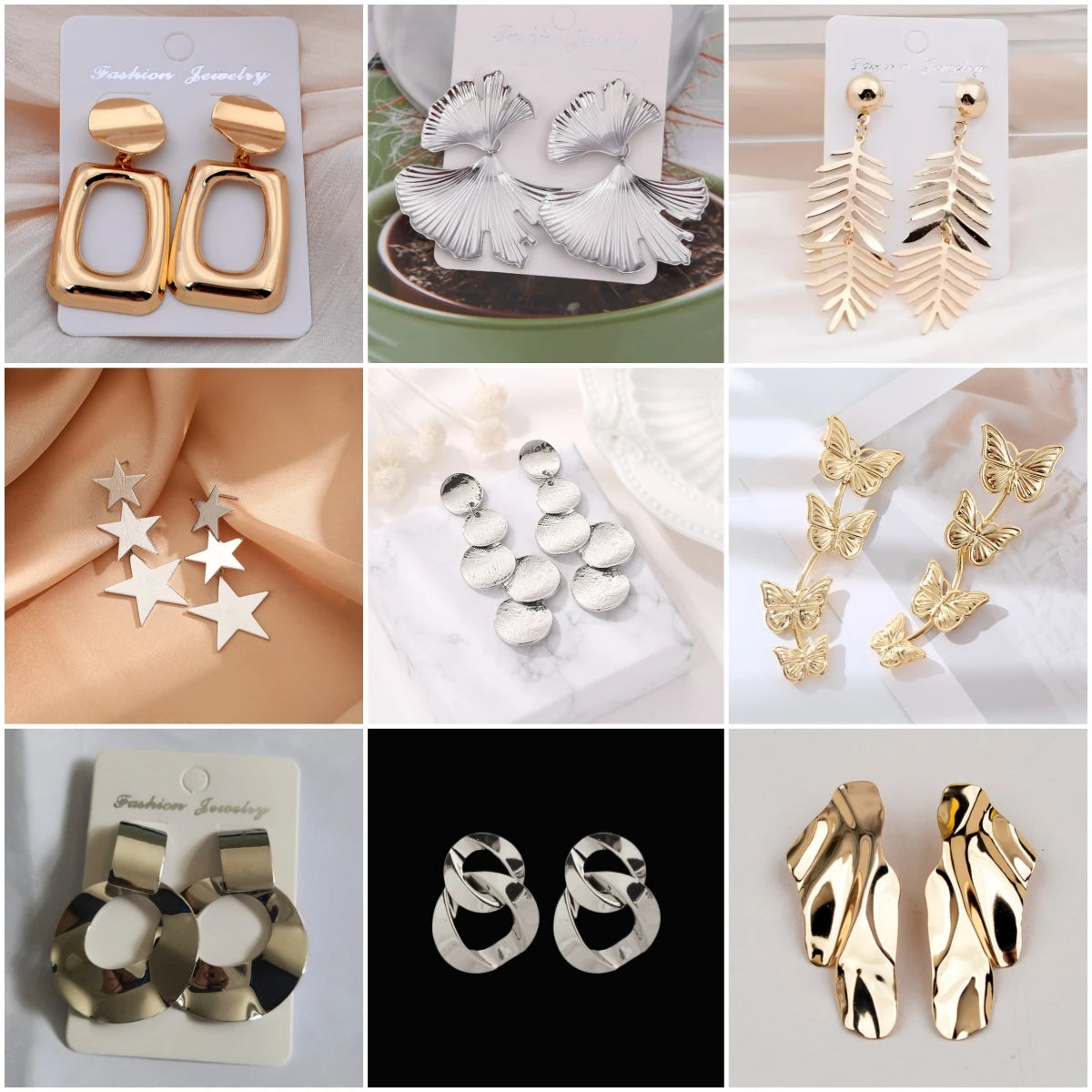 European Exaggerate Metal Statement Earrings for Women Vintage Fashion Round Star Leaf Irregular Geometry Long Earrings Jewelry