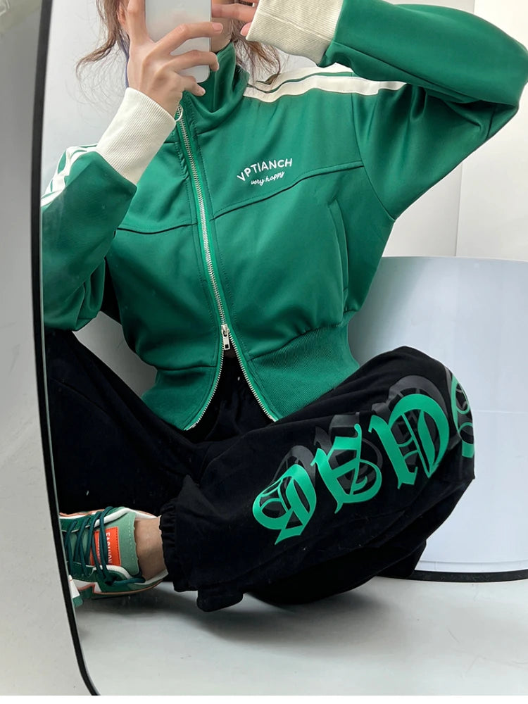 [YOZOU] Spring Double Zipper Baseball Cropped Jacket Women Outerwear Embroidered Striped Green Black White Blue Zip Up Coat