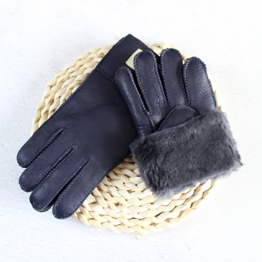 Winter Thickened Children's Sheepskin Fur Gloves Boys and Girls Windproof Warm Students Cold-Proof Leather Finger Gloves