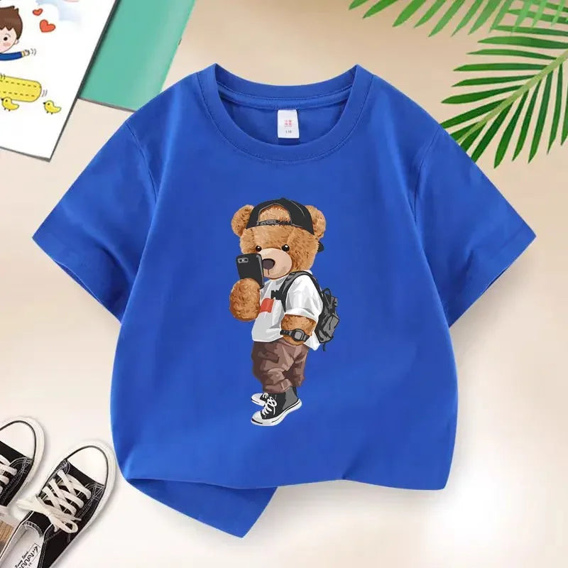 New 2026 Summer Fashion Children's Cool Bear Cartoon T-shirt Boys T Shirt Boys Clothes Print Cotton T Shirts Kids Clothes