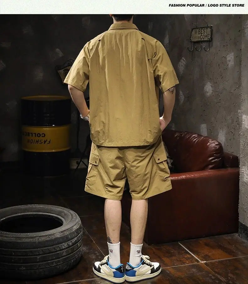Trendy Cargo Summer Clothes Set Men Short Sleeve Shirt with Pockets And Shorts Solid Casual Safari Outdoor Outfits