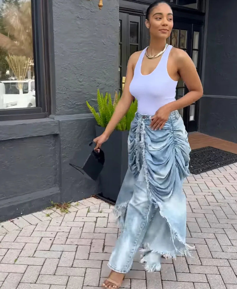 Women Solid Jeans Pants Denim Pleated Trousers Fuzzy Edge Full Lenth Mid Waist Zipper Straight Y2k Streetwear Casual 2026 Spring