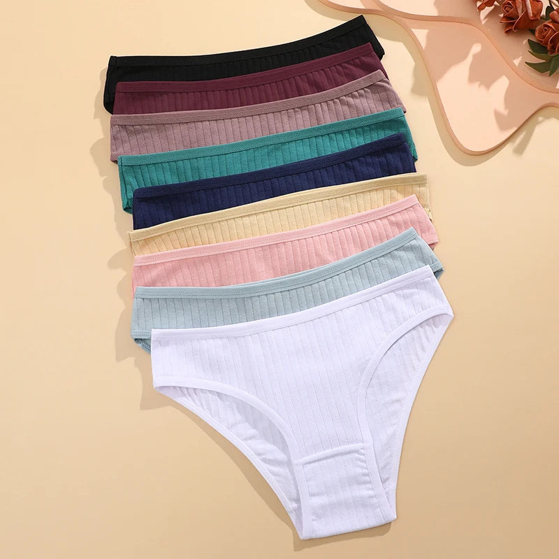 FINETOO 9PCS/SET Cotton Striped Underwear Women's Panties Sexy Soft Solid Color Briefs Female Comfortable Stretch Lingerie M-XL
