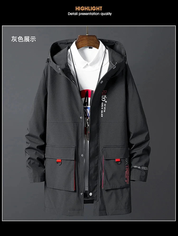 Korea Fashion Oversize 7XL 8XL 2024 Casual Men's Black Windbreaker Jackets Long Trench Coat For Spring Autumn Winter Clothes
