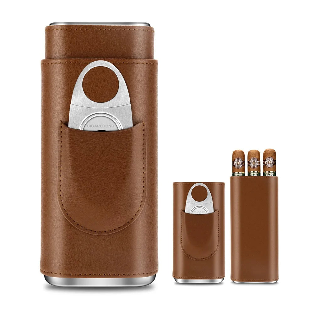 3-pack Cigar Case Luxury Portable Leather Holder Box Storage with Stainless Steel Sharp Cigar Cutter Smoking Accessories CH-24FA