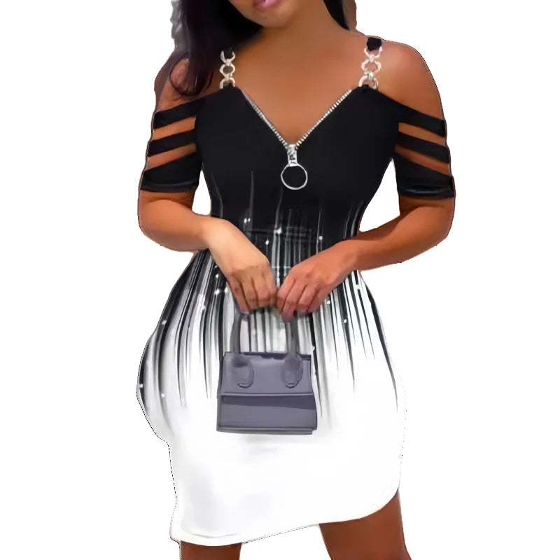 Spring Summer Women's Dress Hollow Color Block Print Fashionable Casual Zipper V-neck Long Sleeve Ladies Streetwear Dresses