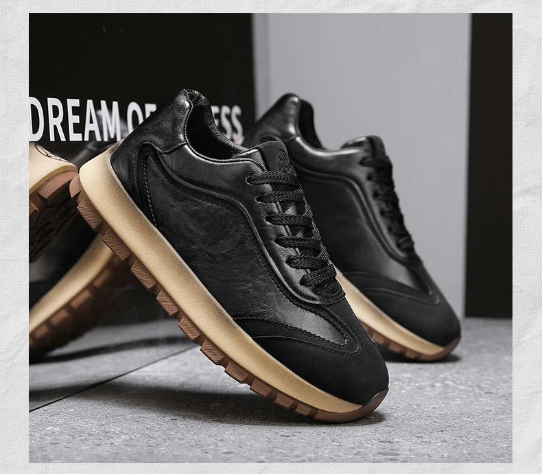 Classic Leather Casual Sneakers Men Comfortable Men's Spring Autumn Sneakers Platform Shoes Lace Up Brown Black Footwear 2025