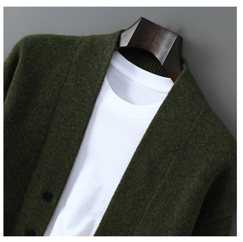2025 Autumn Winter New Thick Cardigan 100% Pure Wool Men's Versatile Jacket V-Neck Loose Casual Highend Knitted Cashmere Sweater