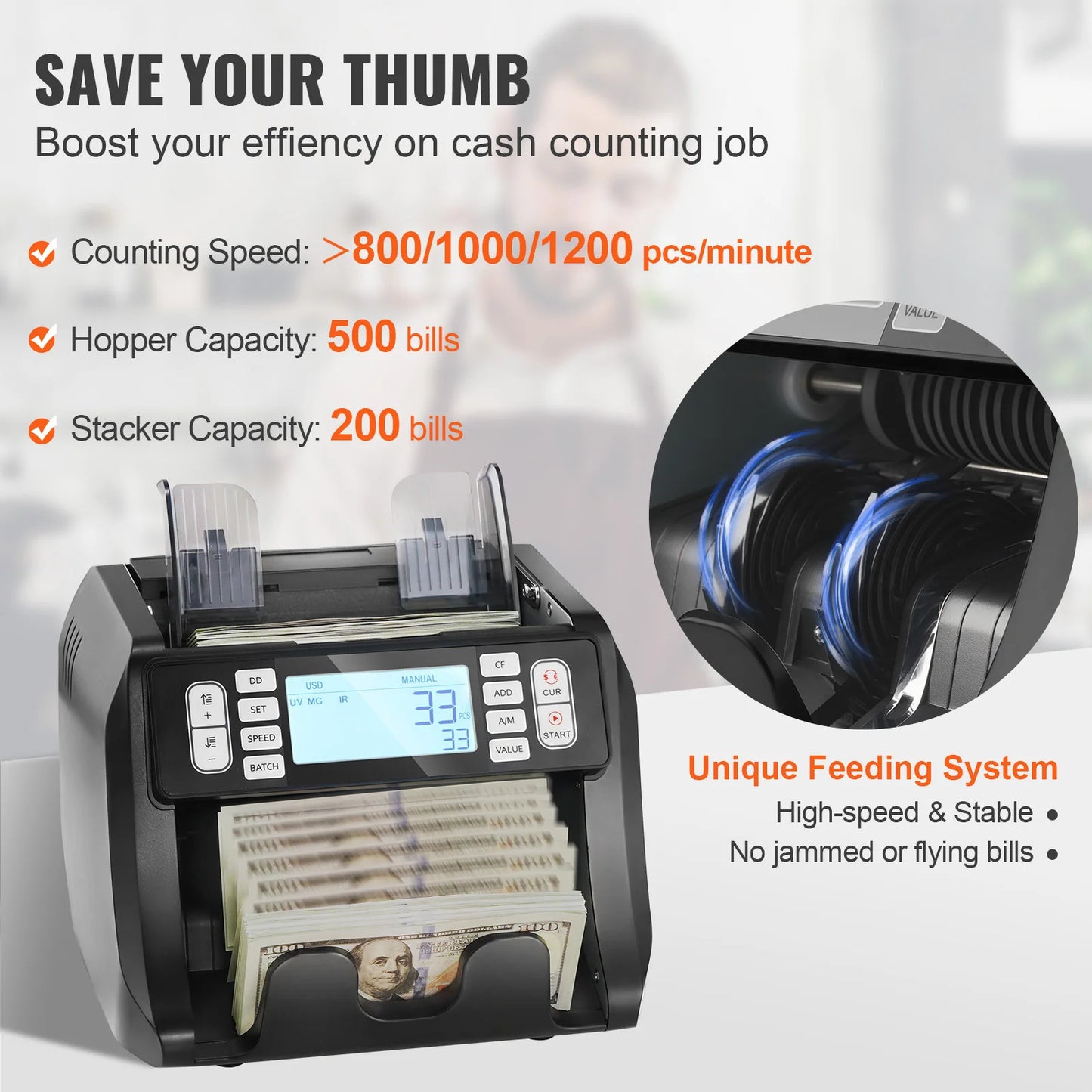 VEVOR 1200 Pcs/Min Money Counter Business Cash Register Bills Counterfeit Bill Detector by UV/MG/IR/DD Function for Bank Store