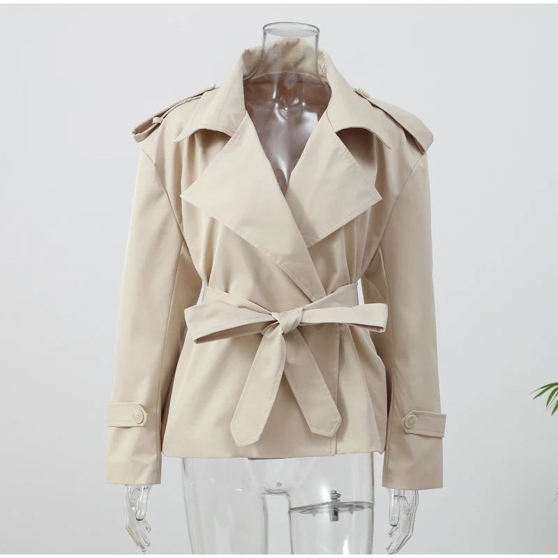 Solid Laepl Lace Up Trench Coat Women Fashion Full Sleeve Waist Cinching Short Windbreak 2025 New Autumn office commute outwear