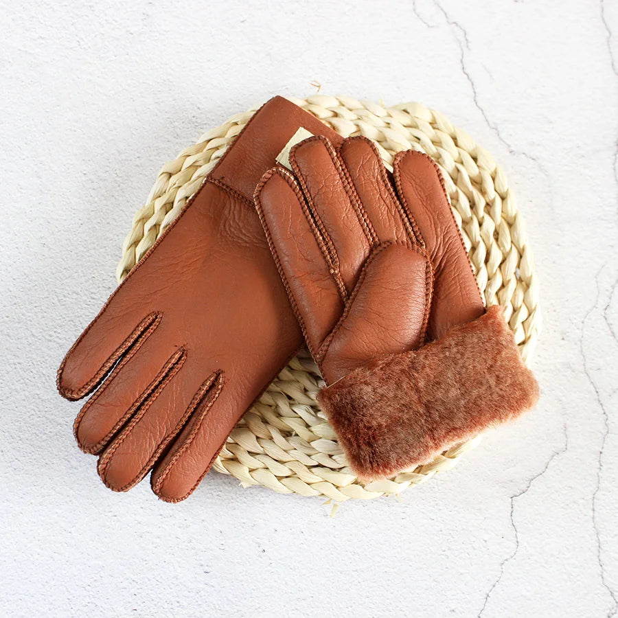 Winter Thickened Children's Sheepskin Fur Gloves Boys and Girls Windproof Warm Students Cold-Proof Leather Finger Gloves