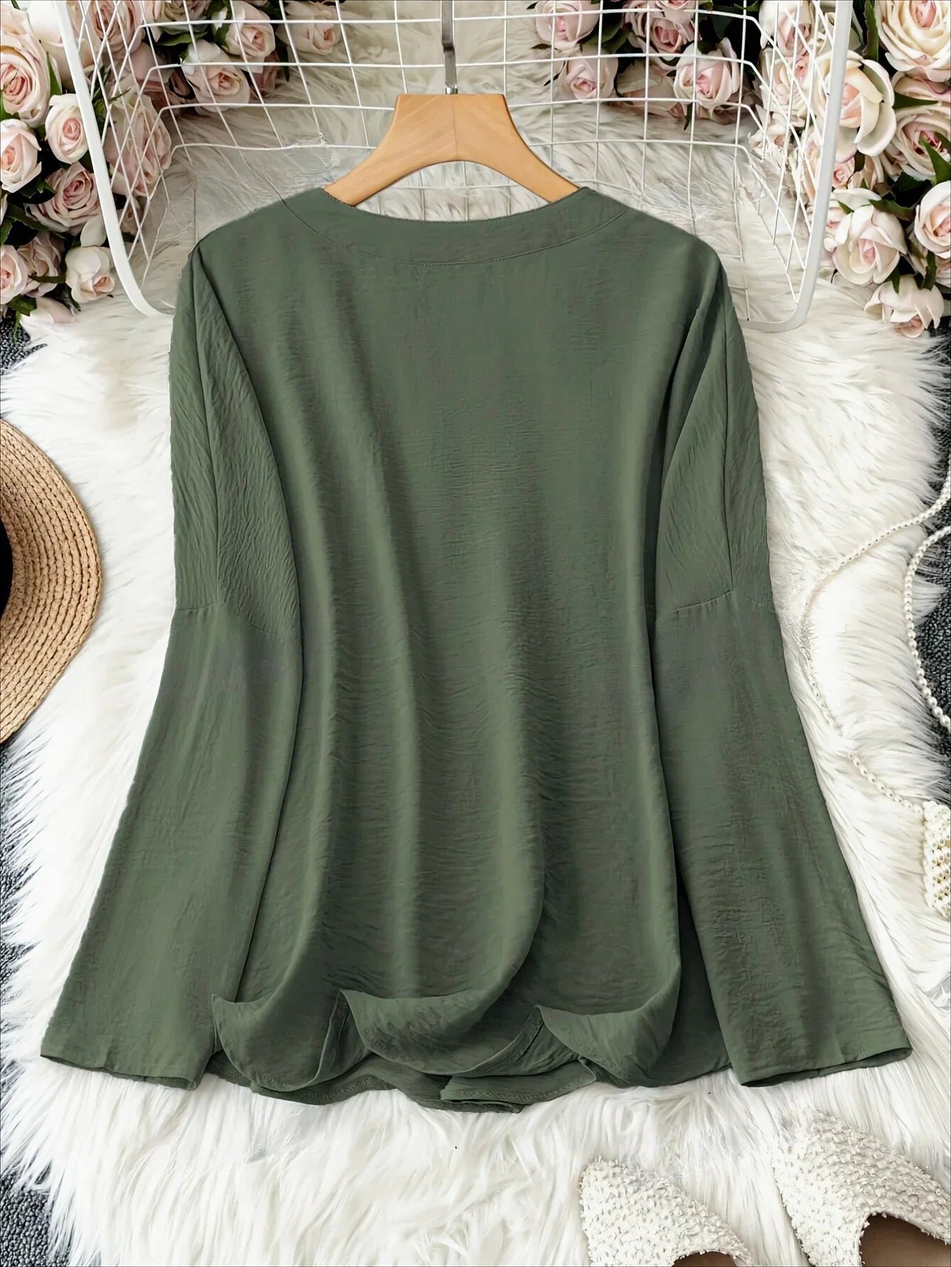 Plus Size 2025 New Casual Tops Women's Loose Long Sleeve Stand Collar T-shirts Polyester Fashion Female Apparel V-neck Clothing