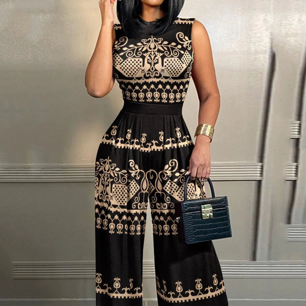 Elegant Women's Wide-leg Long Jumpsuit Spring And Summer Fashion Printed Sleeveless Casual Mid-waist Straight Jumpsuit Trousers