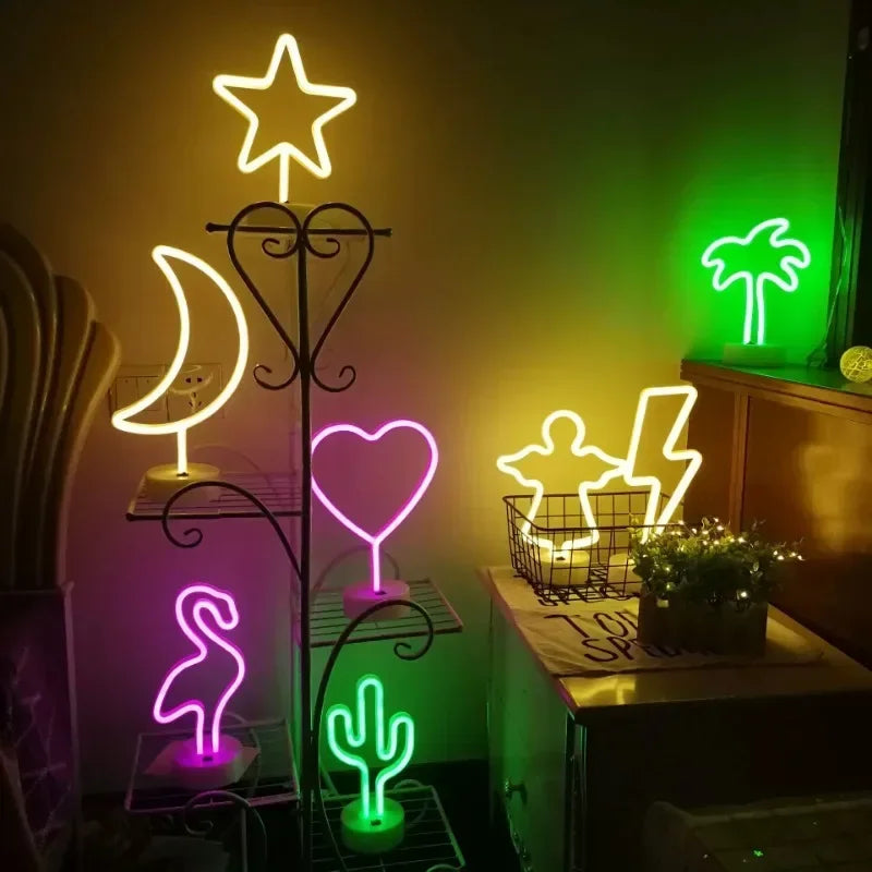 LED Neon Night Light Sign Flamingo Coconut Tree Cactus Table Lamp Kids Birthday Gifts Bedroom Christmas Art Decor Battery/USB