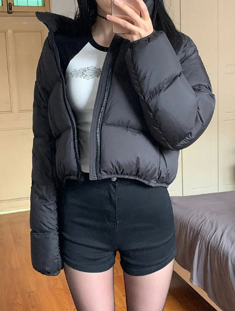 Casual Cropped Parkas for Women Winter New Loose Stand Collar Thick Warm Quilted Jacket Versatile Zipper Long Sleeve Bread Coat