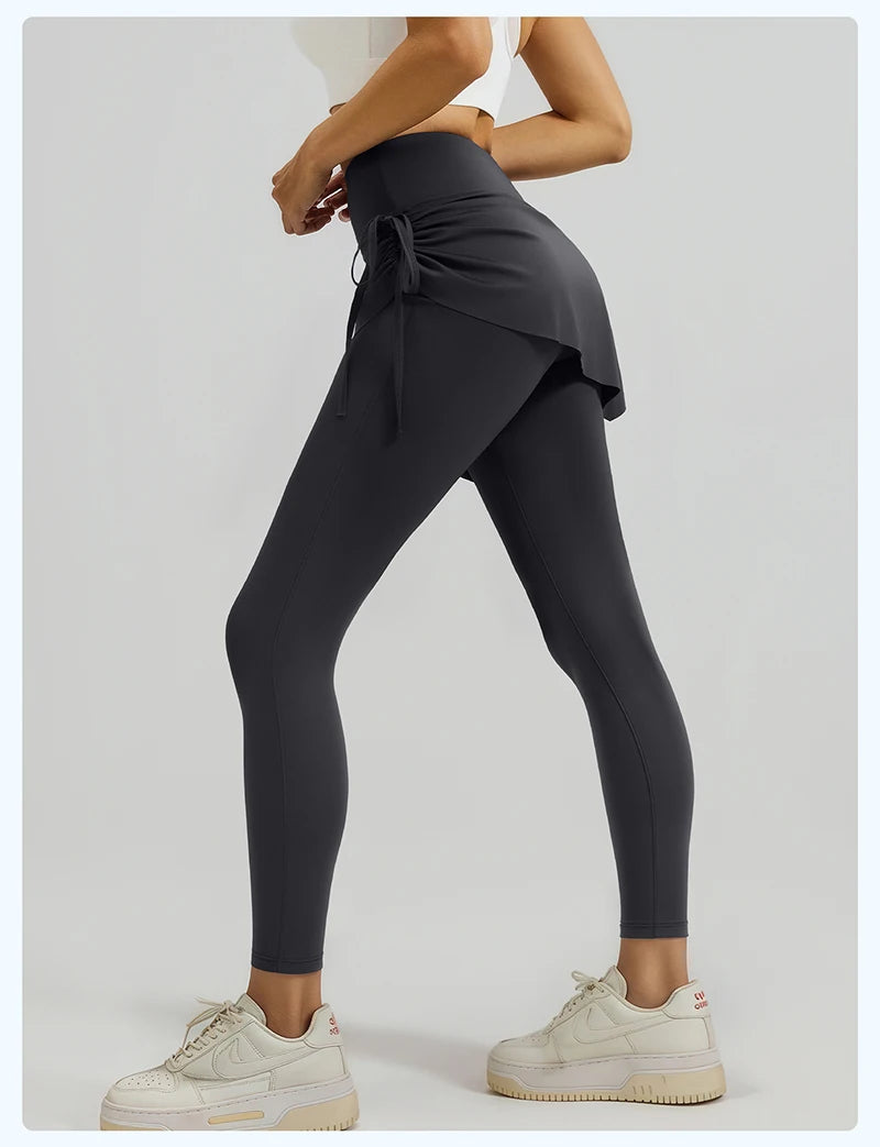 BIVIGAOS New Spring Drawstring Pleated Yoga Leggings Skirt Pants Fake Two Piece Women High Waist Elastic Sports Fitness Leggings