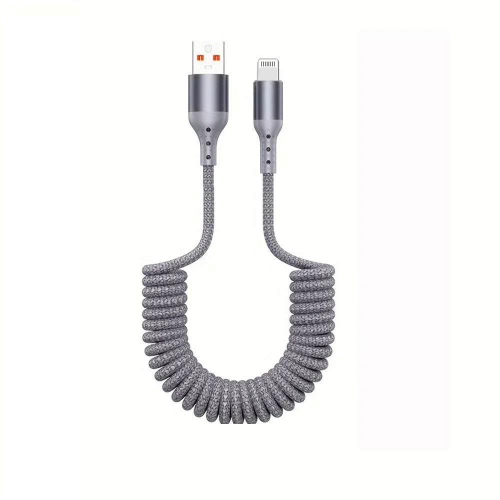 Spring Car Charger Cord 3A Fast Charging USB Cable For iPhone 14 11 12 13 Pro X XS Max 6 7 8 Plus SE iPad Data Wire