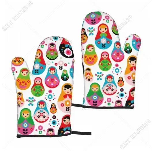 Fashion Print Russian Babushka Matryoshka Doll Set of 2 Kitchen Gloves Women Men Oven Gloves Heat Resistant for BBQ Cooking