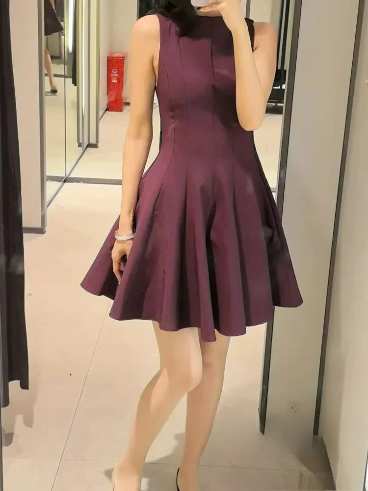 KONDALA Vintage Casual Chic  Women Dress Solid Sleeveless O-Neck Zipper Mini Dress New Fashion 2025 Spring Summer Female Dress