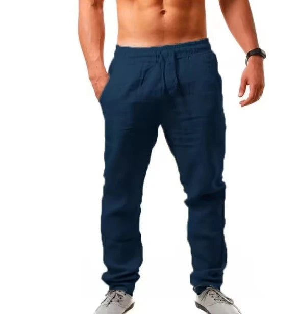Spring and summer new men's solid-color cotton and linen casual long pants, Hawaiian beach loose sports and breathable street pa