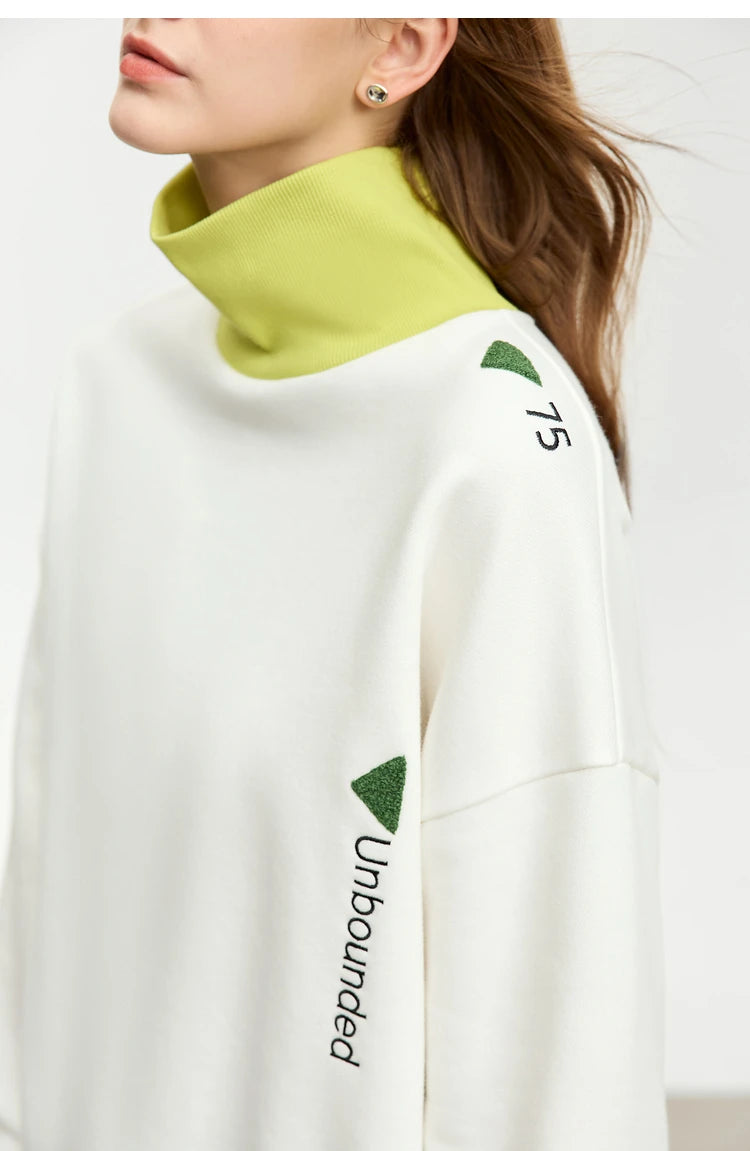 AMII Minimalist Preppy Style Embroidery Sweatshirt Women 2024 Autumn Lazy Loose Spliced Turtleneck Velvet Pullovers 12333011