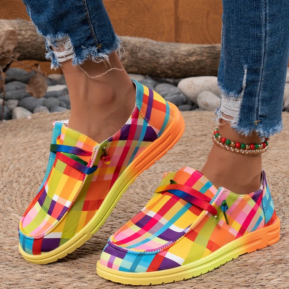 Women Flats Round Toe Multi-Color Sneakers Women Ethnic Rainbow Canvas Shoes Autumn New Casual Daily Flat Loafers Shoes Ladies