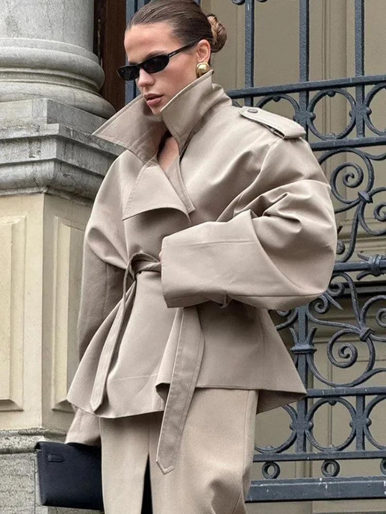 Solid Laepl Lace Up Trench Coat Women Fashion Full Sleeve Waist Cinching Short Windbreak 2025 New Autumn office commute outwear