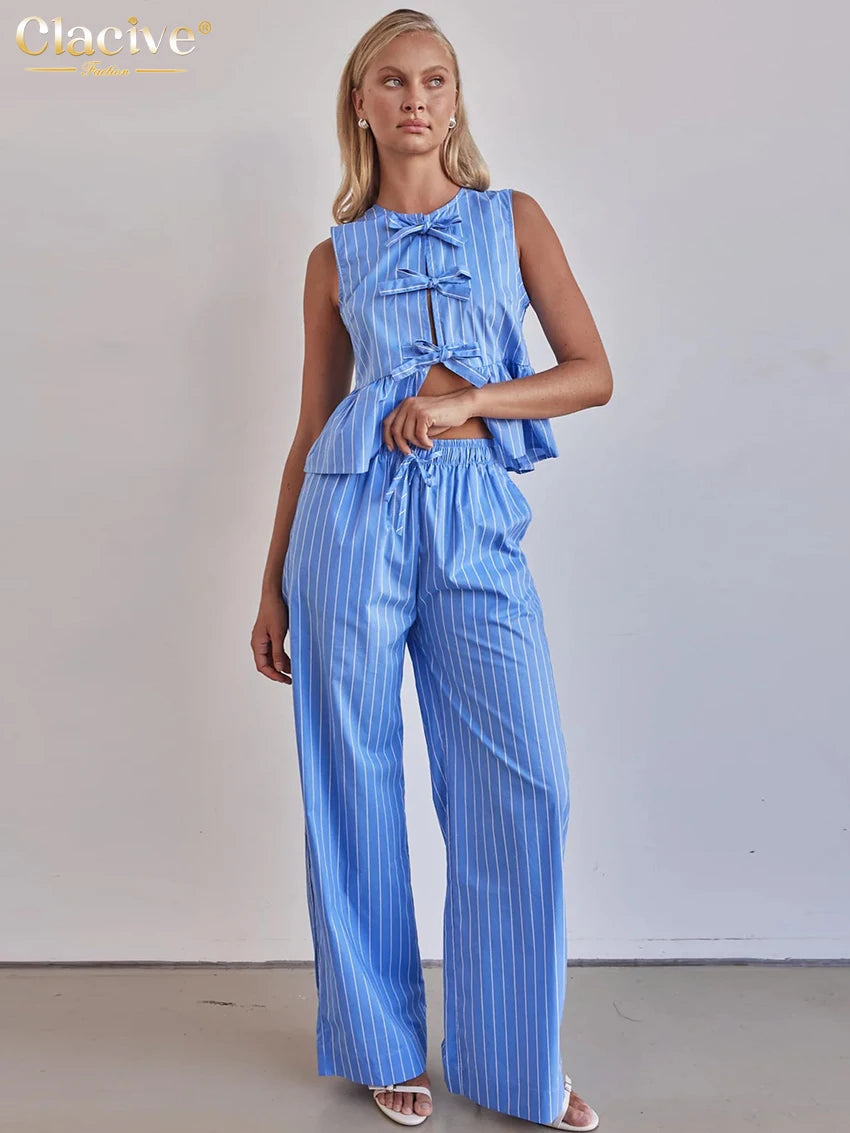 Clacive Summer Loose Blue Stripe 2 Piece Set Woman Outfit 2025 Fashion Sleeveless Tank Top With High Waist Wide Pants Set Female