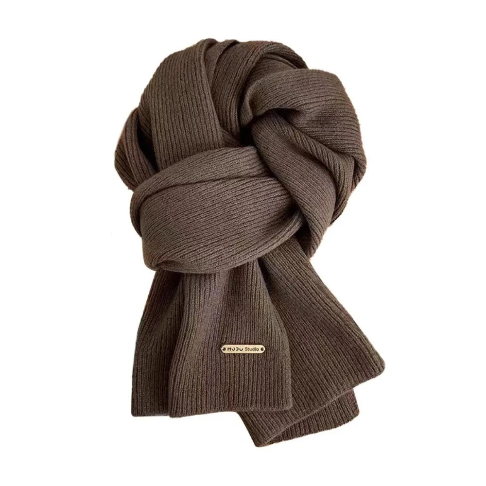 New Korean Style Thick Warm Metal Logo Long Scarf Winter Knitted Solid Color Womens Scarf