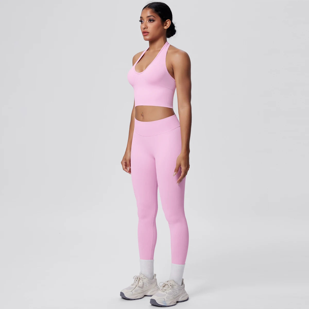 Solid Color Backless Breathable 2pieces Set for Woman High Strength Training Yoga Set Hanging Neck Bra Gym Push Up Fitness Pants