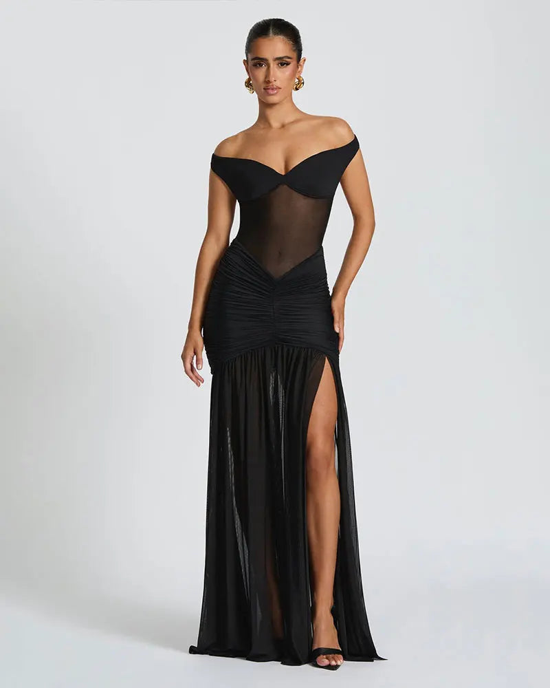 GACVGA Mesh Patchwork Sexy Bodycon Maxi Dress Women Draped Gown Summer Halter Backless Ruched High Split Club Party Long Dress
