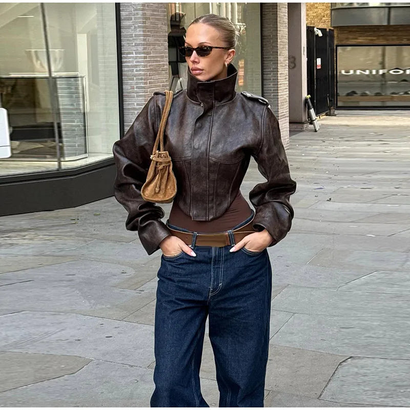 Fashion Lapel Leather Jacket Women's Full Sleeve Slim Solid Zippers Coat 2026 Spring New Lady Edgy Casual High Street Outerwear