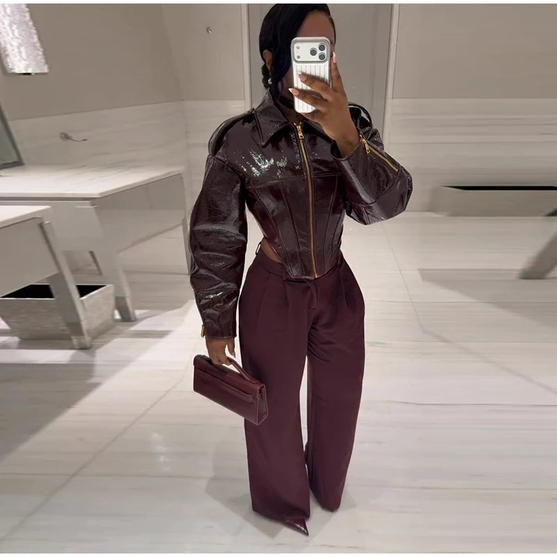 Fashion Lapel Leather Jacket Women's Full Sleeve Slim Solid Zippers Coat 2026 Spring New Lady Edgy Casual High Street Outerwear