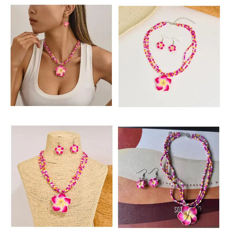 Egg Flower Earrings Necklaces Set Pendant Bohemia Flower Necklaces Earrings Drop Earrings Choker Vacation Style Jewelry Girl