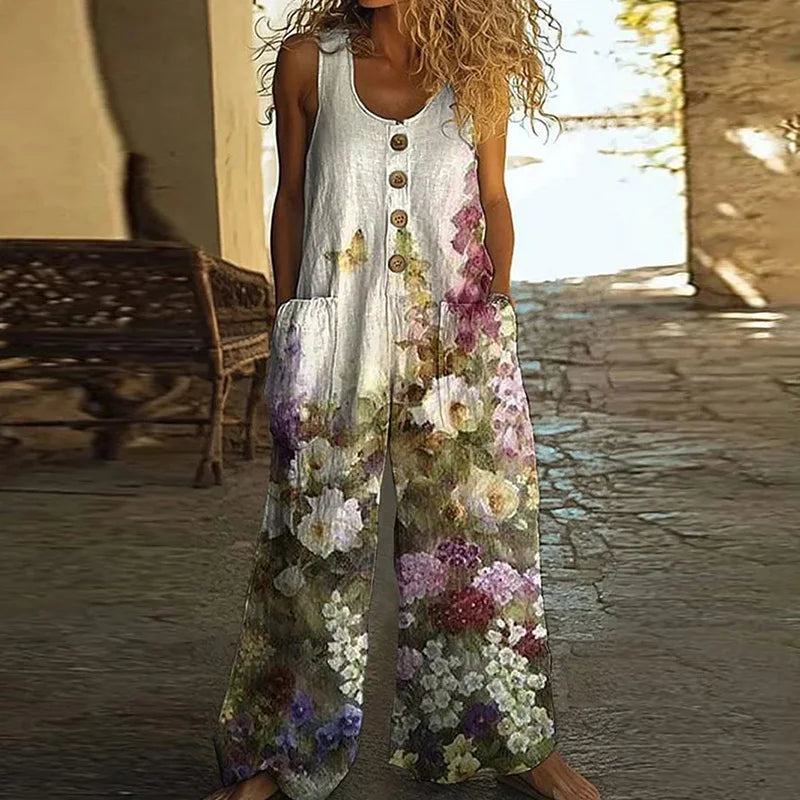 Ethnic Retro Floral Print Wide Leg Jumpsuits Woman Elegant U Neck Button Pocket Rompers Playsuit Summer Sleeveless Strap Overall