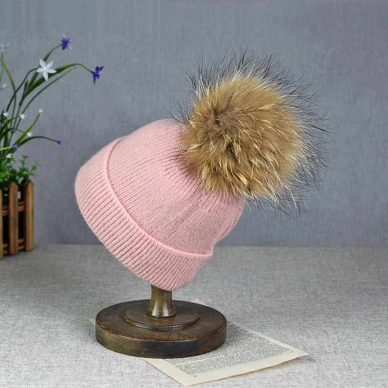 Hot selling autumn and winter parent-child woolen hats raccoon fur balls warm sleeves knitted hats trendy