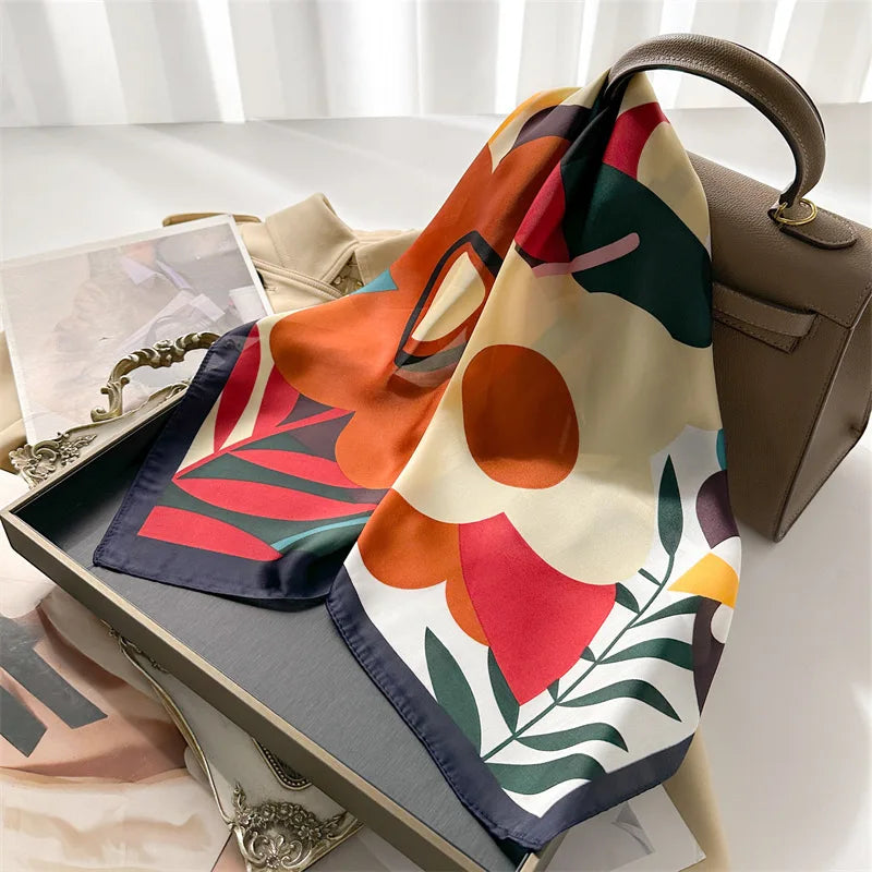 70*70cm Silk Square Scarf Women Soft Flower Print Hairband Foulard Neckerchief Hijab Tie Bag Ribbon Headband Fashion Decoration