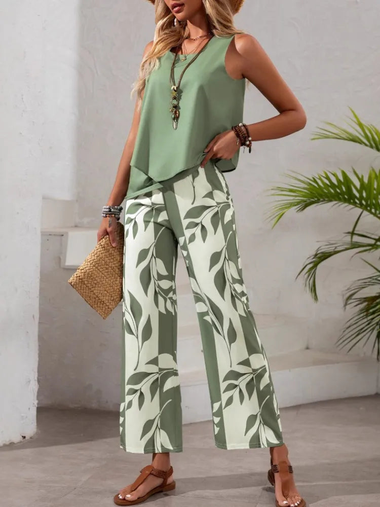 2 Piece Women Set Summer Autumn Sleeveless Shirt Blouse Top And Pants Suits Outfits Fashion Office Lady Matching Sets Outfit