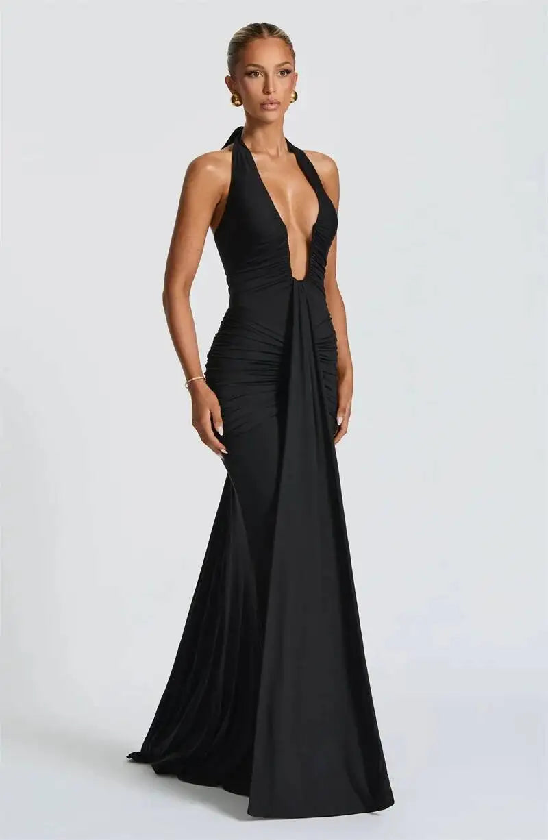 Deep V Neck Draped Ruched Sexy Maxi Dress Women Summer Fashion Halter Sleeveless Backless Club Party Long Dress Elegant BM98