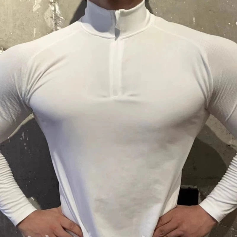 Men's Shark Quick-Dry Breathable Slim-Fit Half-Zip Training Top Long Sleeve Running T-Shirt Autumn Fitness Workout Baselayer