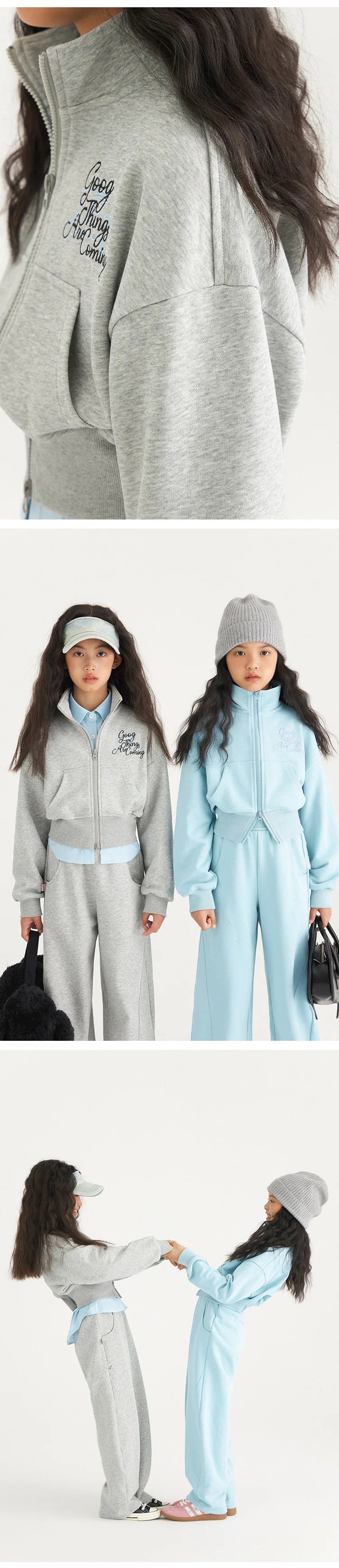 Girls Cotton Alphabet Double Zip Crop Workout Sweatshirt Jacket+Sweatpant School Kids 2PCS Tracksuit Child Jogger Outfit 5-16 Yr