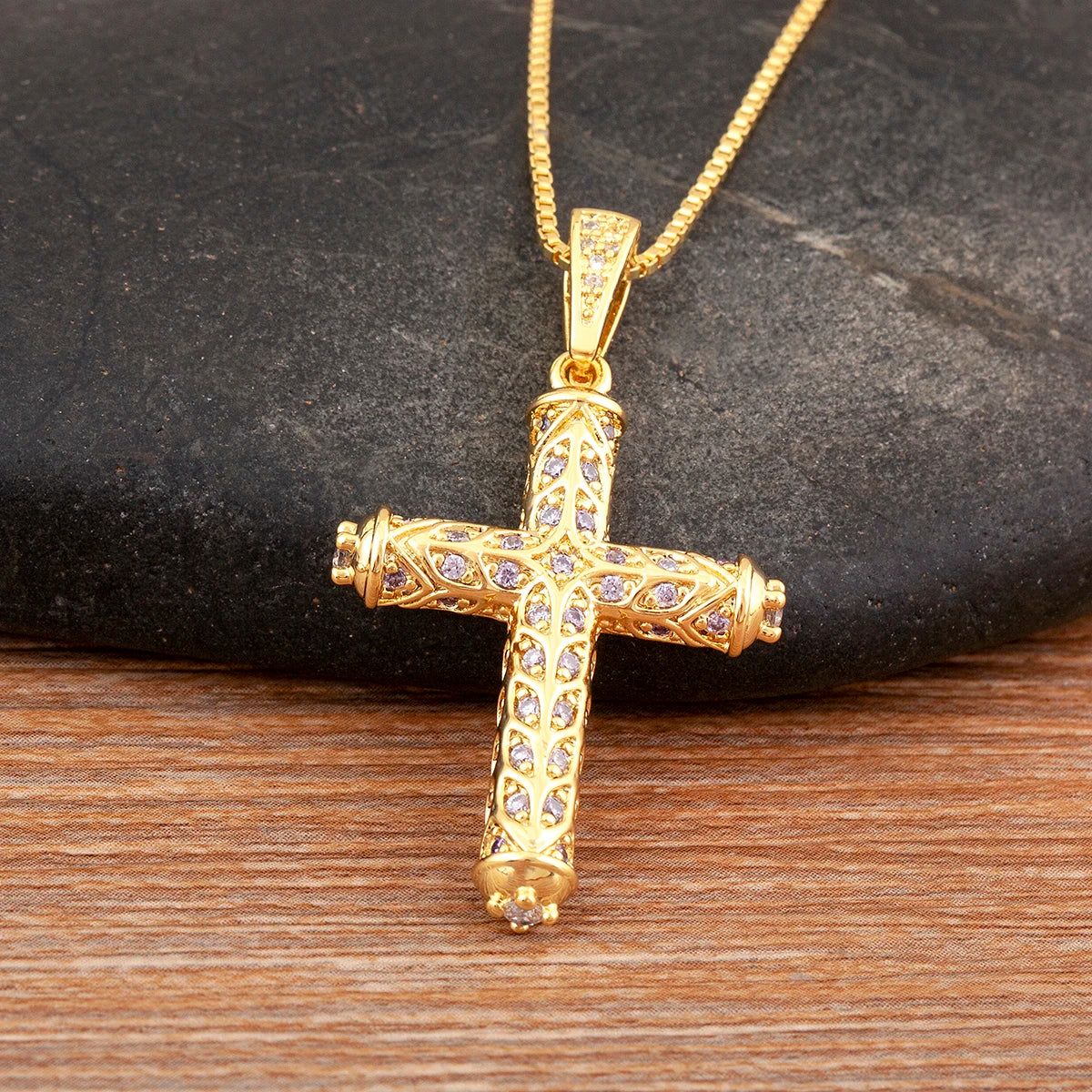 Nidin New Arrival Retro Column Shape Cross Pendant Necklace For Female Male Irregular Geometric Shine Zircon Jewelry Accessories