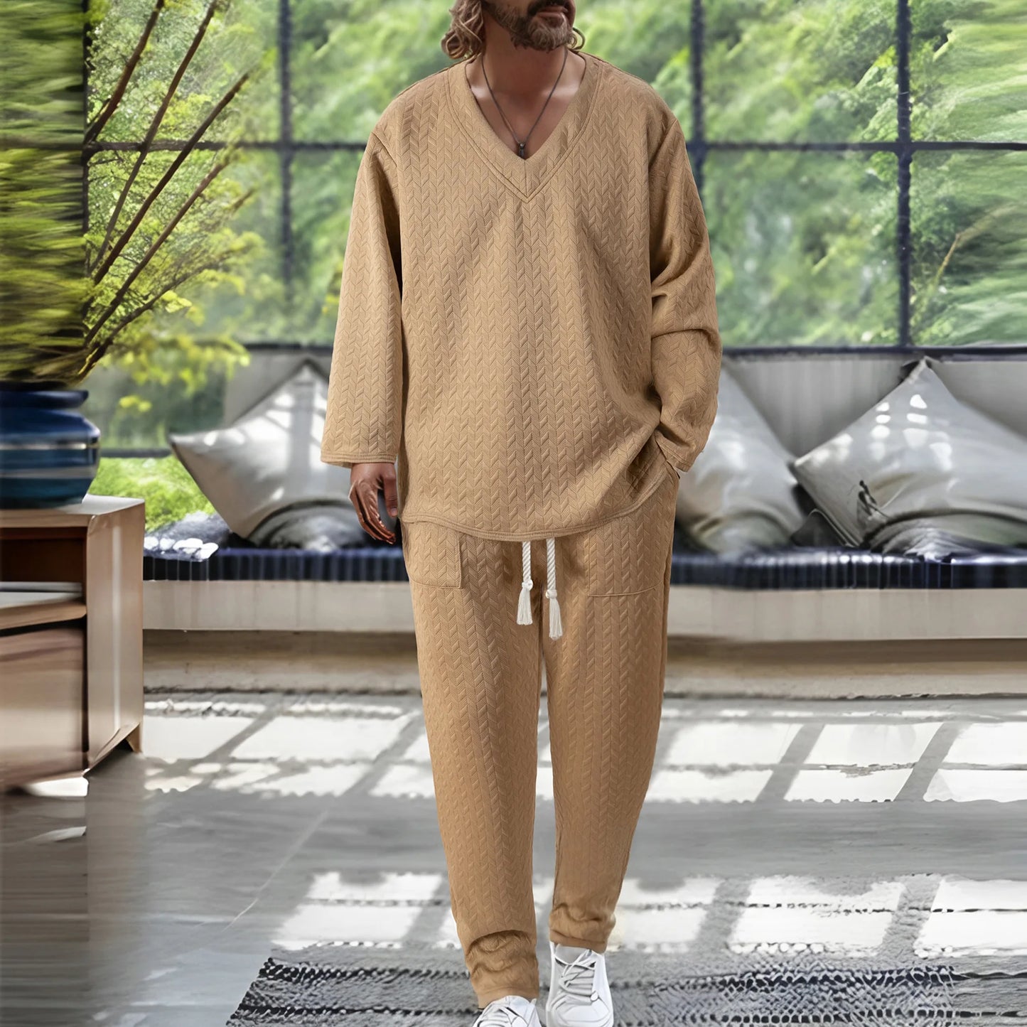 European American Autumn Casual Men's Textured Texture Solid Color V-neck Pullover Short Sleeve Drawstring Pocket Trousers Set