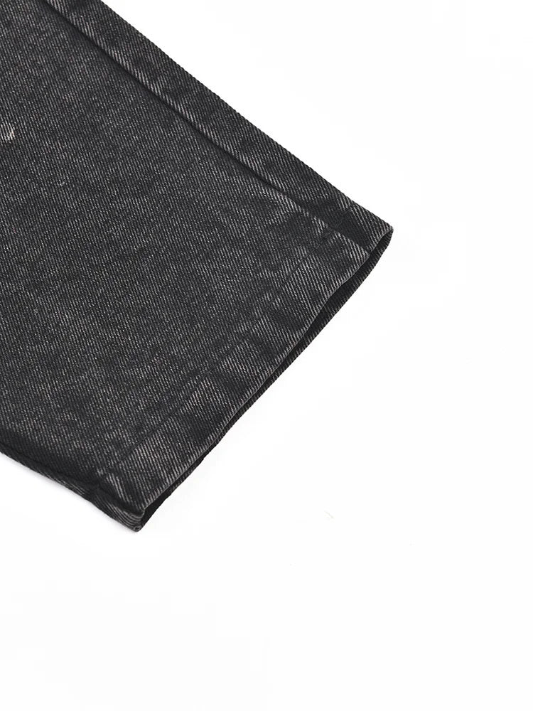 [EAM] Loose Fit Black Denim Big Size Sweatshirt New High Collar Long Sleeve Women Big Size Fashion Spring Autumn 2026 1K166
