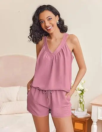 New Summer Women's 2-piece Set Pink V-neck Vest Elastic Pocket White Stylish Black Shorts Set