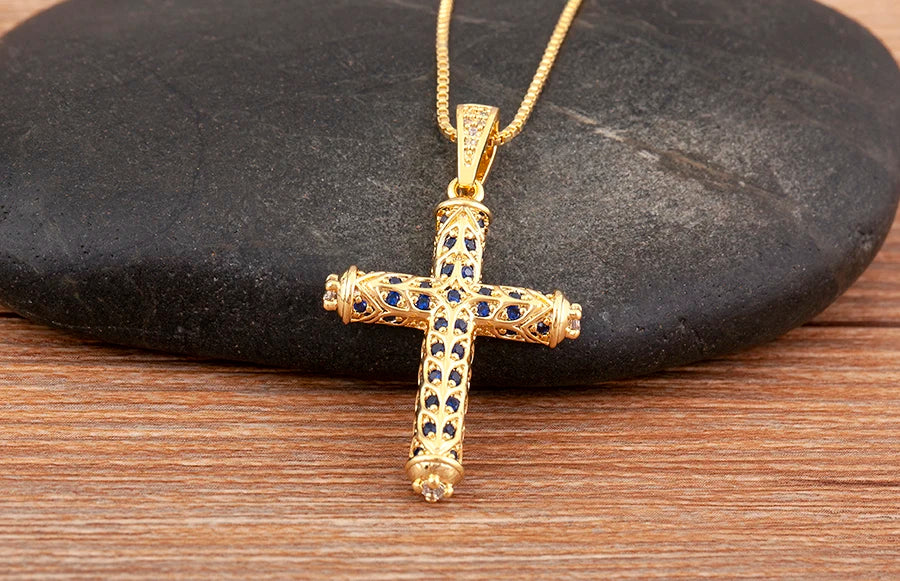 Nidin New Arrival Retro Column Shape Cross Pendant Necklace For Female Male Irregular Geometric Shine Zircon Jewelry Accessories