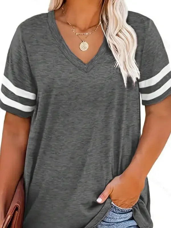 Women Fashion Plus Size V-neck Summer Color Blocked  T-shirt Summer Loose Top Short Sleeved Casual T-shirt 1XL-8XL