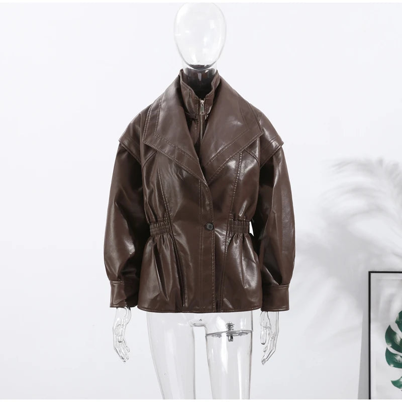 Faux Leather Jacket Women Turn-down Collar Zipper Front Puffy Sleeves Stylish Waist Cinching Coat 2025 Female Winter Outerwear