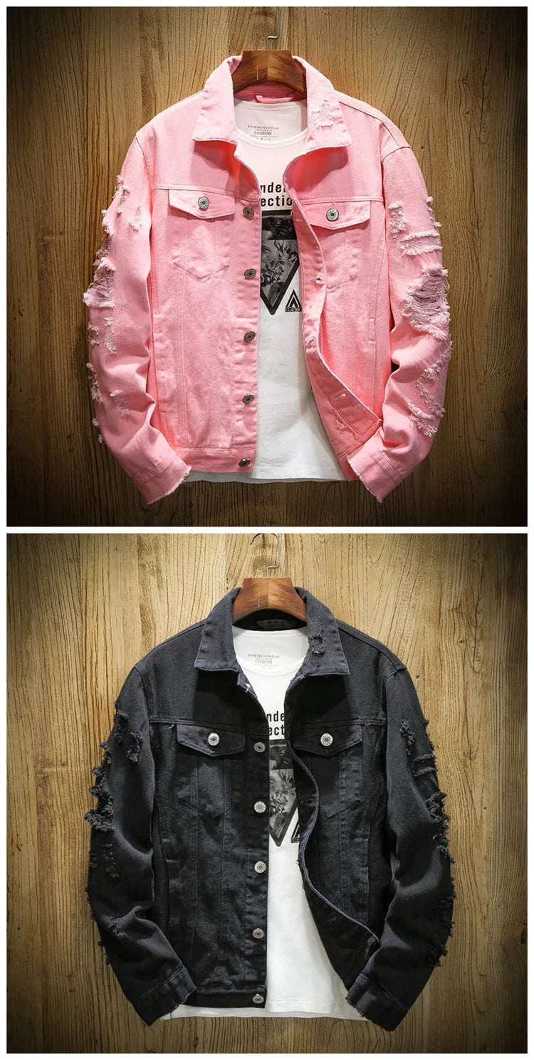 S-3XL Fashion Denim Jacket Men Ripped Holes Mens Pink black Jean Jackets Garment Washed Mens Denim Coat